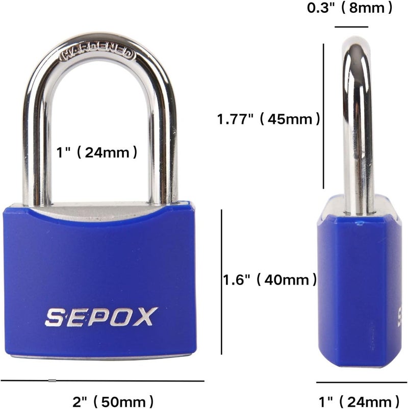 SEPOX ® 3 Pcs 2" Large Padlock All-Weather Outdoor Pad Locks Keyed Alike, Long Shackle, Solid Steel Lock, Heavy-Duty with Blue Cover, for Gate Fence Cabinet Toolbox School Gym Locker, 3pcs Same Key - Image 2